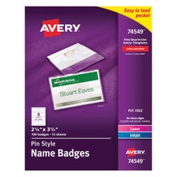 Aver Name Badge Holder Kit for Laser or Inkjet Printers, 2-1/4 x 3-1/2 Inches, Pack of 100, Item Number 1118324