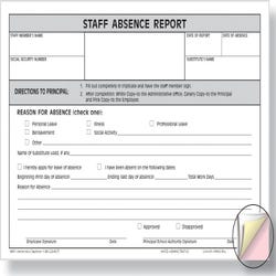 Image for Hammond & Stephens 1017 3-Part Carbonless Staff Absence Report Form, 5 x 8 Inches, White, Canary, Pink, Pack of 100 from School Specialty