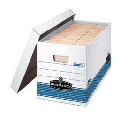 Image for Bankers Box File Storage Box with Lid, Letter Size, 10 x 12 x 24 Inches, White/Blue, Pack of 4 from School Specialty