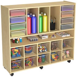 Image for Childcraft Multi-Compartment Storage Cubby Unit, Locking Casters, 10 Clear Trays, 8 Flat Trays, 47-3/4 x 14-1/4 x 36 Inches from School Specialty