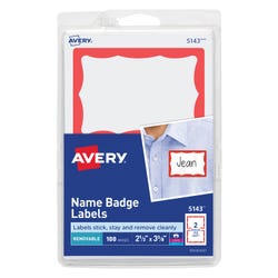 Image for Avery Adhesive Name Badges, 2-1/3 x 3-3/8 Inches, Red Border, Pack of 100 from School Specialty
