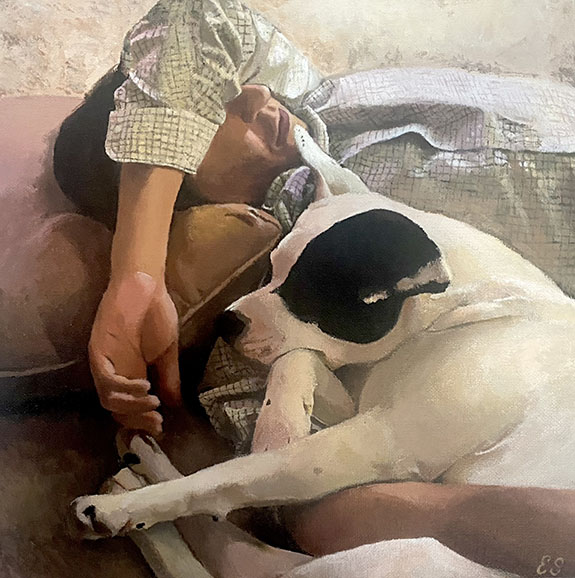 Painting of a person and dog sleeping together.