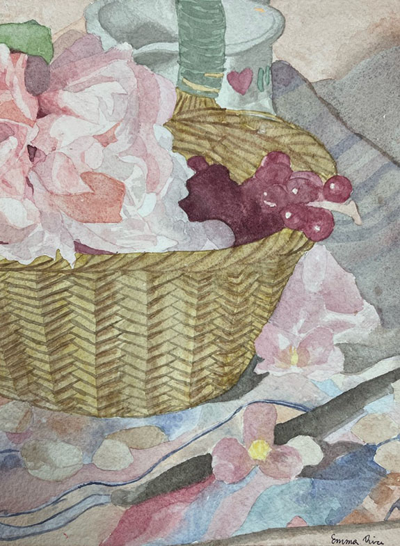 still life of a fruit basket and flowers