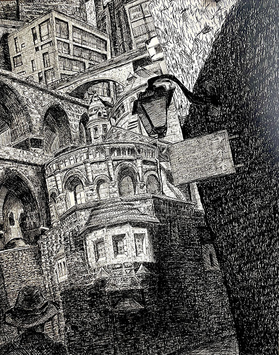 black and white city drawing