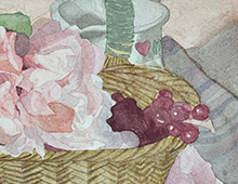 still life of a fruit basket and flowers