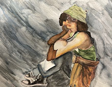 Painting of young person sitting.
