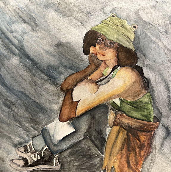 Painting of young person sitting.