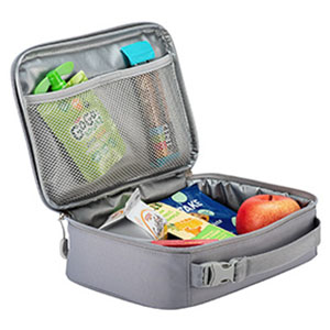High Sierra grey opened lunch bag with food items