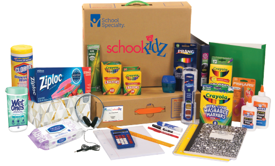 SchoolKidz logo with unboxed school supply products