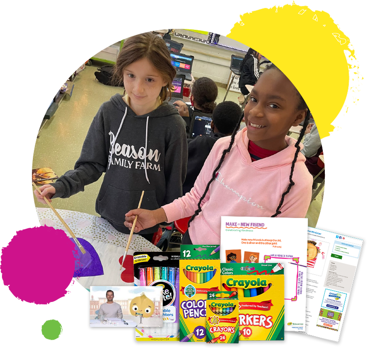 two girl students using crayola materials during creativity week at school