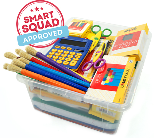 Clear square bucket with classroom and office supplies in it