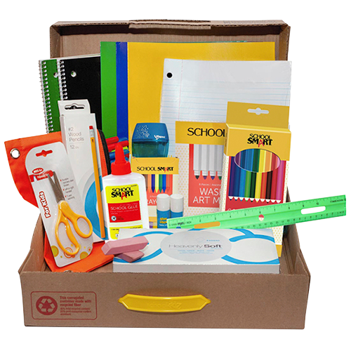 school supplies kit displayed in a box