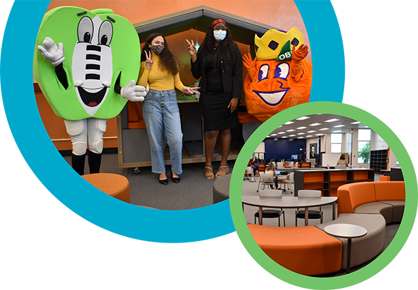 stylized photos of students with costumed mascots and new school furniture