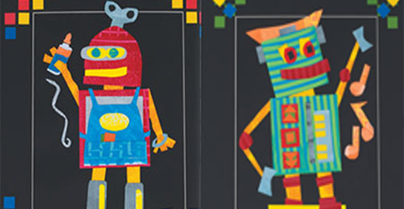 Two robots made out of a collage of multicolored paper on a black background
