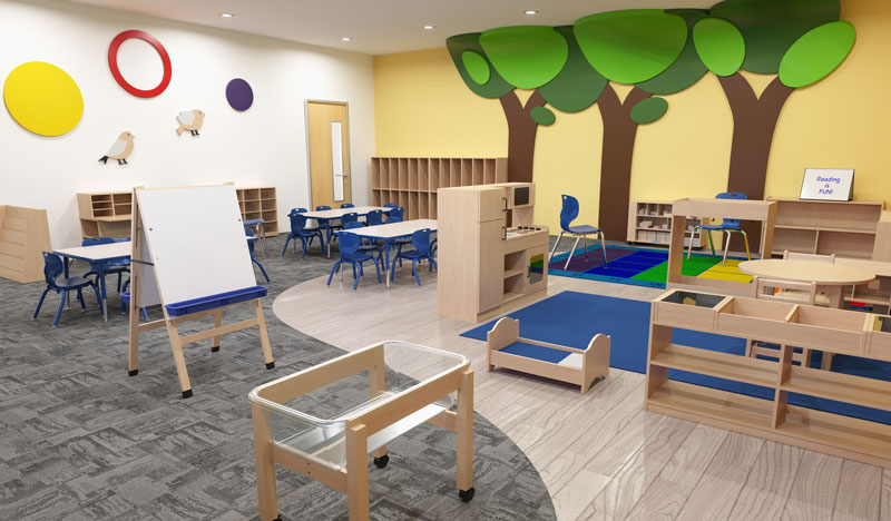 Early childhood learning environment with wooden furniture and colorful wall accents.